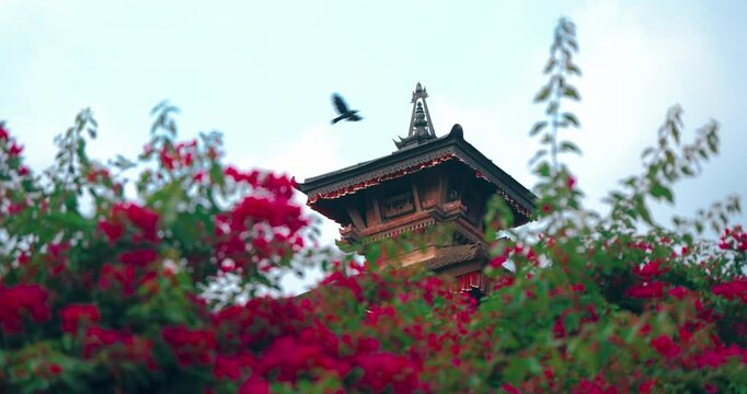 Bhaktapur Durbar Square, Nepal: Traditional multi-tiered temple pagoda roof architecture framed behind blooming red flowers in the historic UNESCO heritage site.