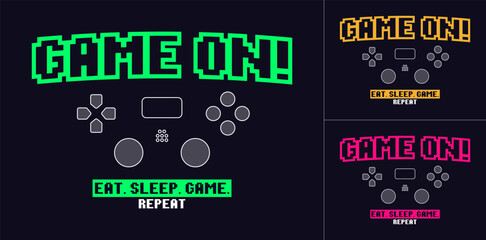 Gamers t-shirt design with pixel text, buttons and thumbsticks. Slogan print for tee shirt with gamepad buttons. Typography graphics for gamers and kids. Video game concept. Vector. © Roman