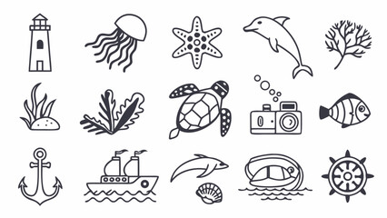 Undersea marine life and nautical adventure icon collection with underwater © saty