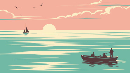 Sunset seascape with rowing boat and sailboat landscape nautical © saty