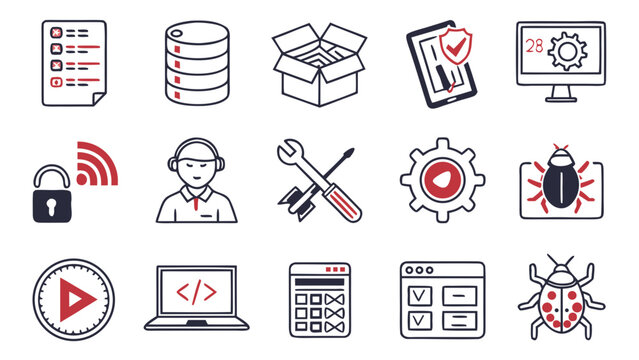 Software development and technical support digital icons set with software
