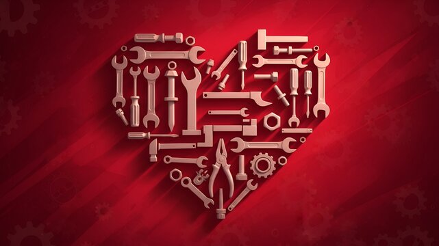 Tools form a heart shape on a red background showing love for mechanics and craftsmanship in a creative layout