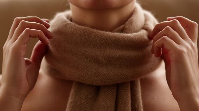Woman wrapping brown scarf around neck.