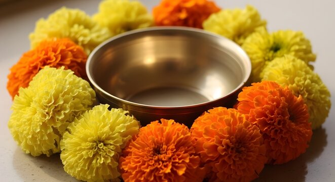 Marigold flowers around metal diya bowl.
