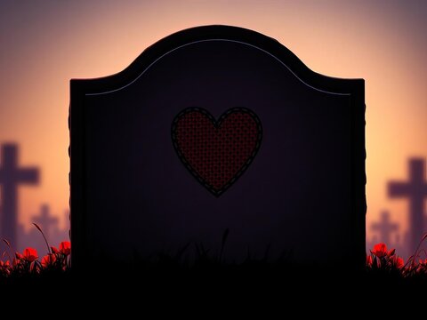 Silhouette of a grave stone with a stitched heart, stones, black