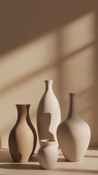 Handcrafted ceramic vessels with matte textures arranged in minimalist still life, warm sunlight, soft shadows and neutral tones create refined luxury interior styling with generous copy space.
