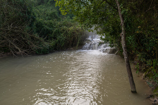 Waterfall at Nahal Hashofet at Ramat Menashe Forest part of the Carmel mountain range in Israel
