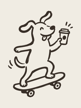 Dog On Skateboard With Coffee Hand Drawn Vector Illustration