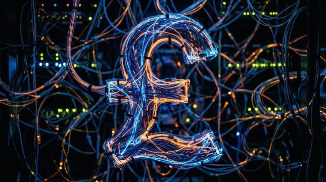 Digital pound symbol glowing with circuit board background.