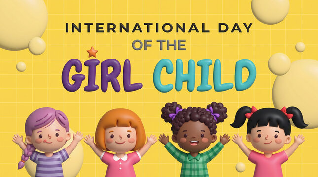 3D illustration featuring four diverse girls of different ethnicities celebrating International Day of the Girl Child. Happy multicultural children with raised hands on yellow grid background with bub
