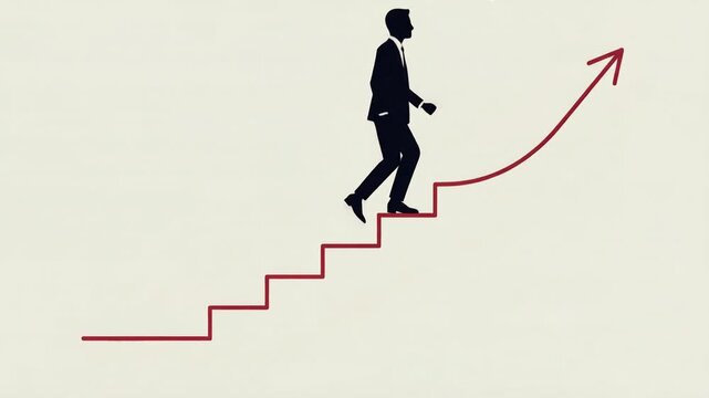 Silhouette businessman climbing line-art staircase toward rising upward trend graph, symbolizing career advancement, ambition, personal growth