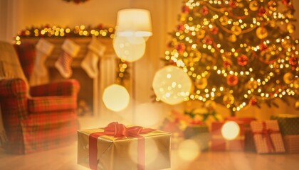 Fototapeta premium Warm and cozy Christmas living room interior with glowing tree and gift boxes.