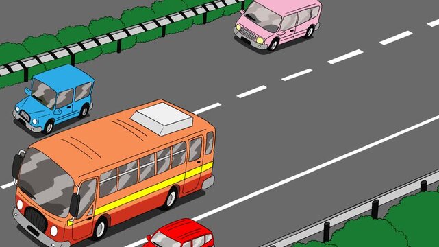Animated car overtaking from behind on a highway road, with alpha channel, transparent background 