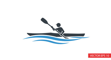 Silhouette of a person kayaking on wavy water. © Batupa