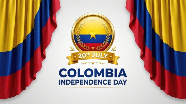 Colombia Independence Day elegant badge design with golden circular frame and draped national flag curtains