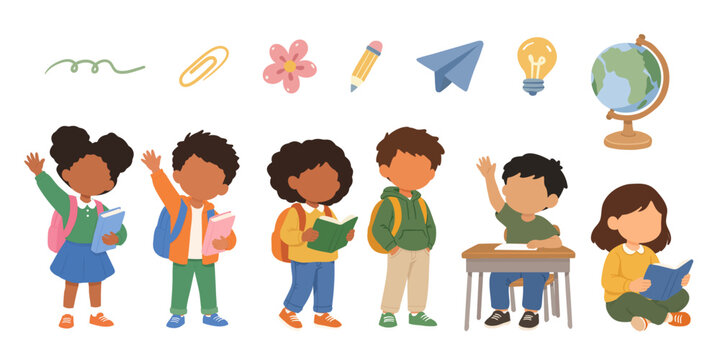 School kids education collection hand drawn illustration set