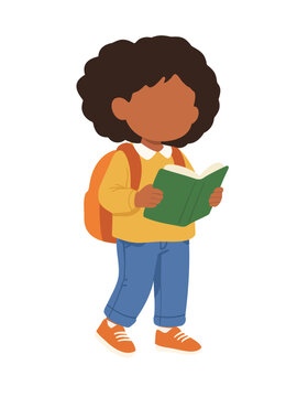 School girl reading book hand drawn illustration