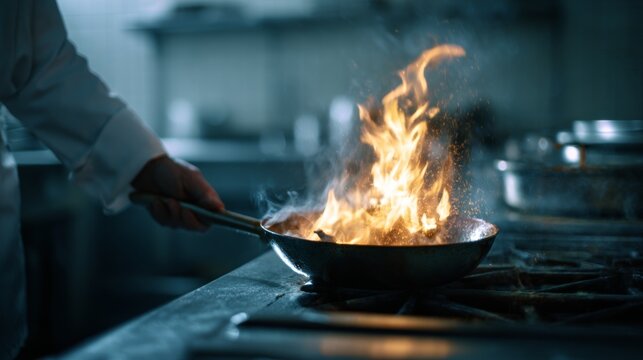 A professional chef cooking food in a metal frying pan with large flames in a kitchen