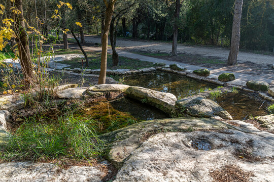 Terraced pools along the Nahal Hashofet stream with reflections at Ramat Menashe Forest part of the Carmel mountain range in Israel
