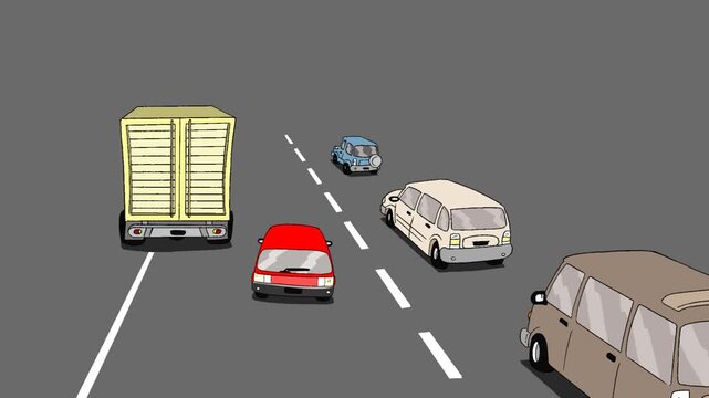 Overtaking car animation from rear view perspective, with alpha channel, transparent background 