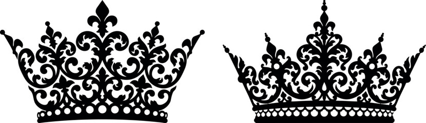 Ornate royal crown vector set featuring two elegant black vintage tiaras with intricate floral filigree details for luxury, monarchy, wedding, heraldry, and regal design. © Mubeen