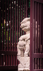 Obraz premium Weathered Lion Statue in Urban Setting
