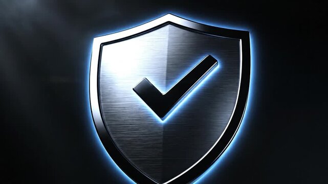 Metallic silver shield with checkmark symbol under spotlight on dark background