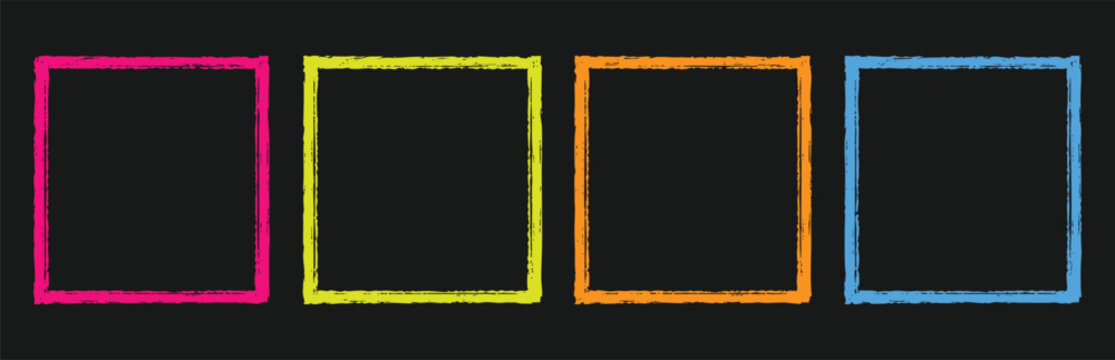 A set of four square frames in vibrant neon colors, including pink, yellow, orange, and blue, arranged in a row against a solid black background.