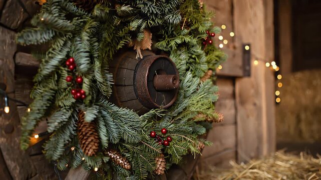 A festive Christmas wreath with pinecones, red berries, and string lights, hanging on a rustic wooden door with hay in the background.