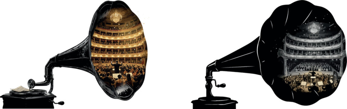 Vintage gramophone illustration set features two antique phonographs with ornate golden and silver horn artwork, blending classic music history, retro technology, and decorative design.