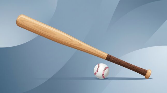 Wooden Baseball Bat and Ball on Abstract Blue Background.