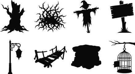 Fototapeta premium Halloween Haunted Forest Silhouette Collection with Dead Tree Thorn Bush Scarecrow Lantern Bridge and Birdcage Vector Set