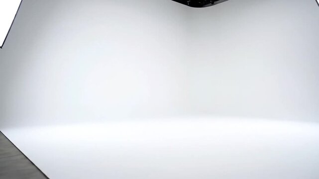 Empty professional photography studio with seamless white background and lighting equipment overhead