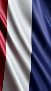 French flag waving proudly in the wind against a clear blue sky, vertical video featuring realistic fabric movement and a patriotic national symbol