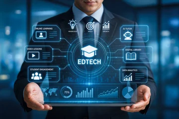 Business professional holding futuristic edtech hologram interface with digital icons data visualization online learning AI tutor digital library student engagement skills growth knowledge analytics © Bartek