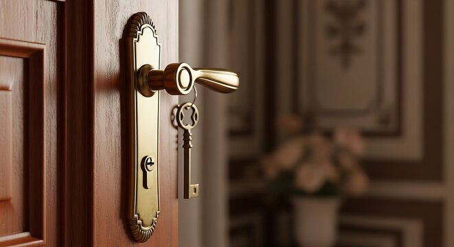 Ornate gold door handle with vintage key on wooden door
