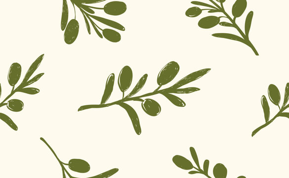 Hand drawn green olive tree branch pattern. Minimal crayon pencil brush for sketch, ink art, menu, poster, tattoo. Chalk charcoal olives. Isolated doodle vector illustration.