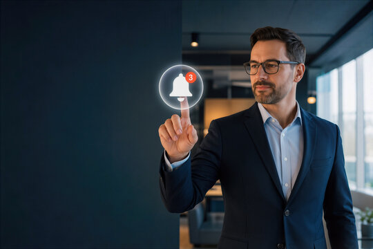 Businessman interacting with floating digital notification bell icon showing three alerts in modern office technology interface communication concept premium corporate scene with copy space