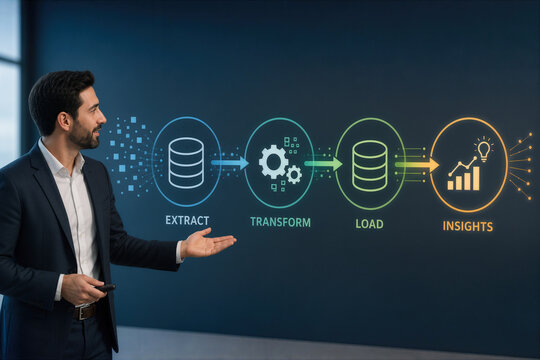 Businessman presenting ETL data pipeline from raw data extract transform load to insights analytics visualization chart business presentation concept corporate training slide deck illustration