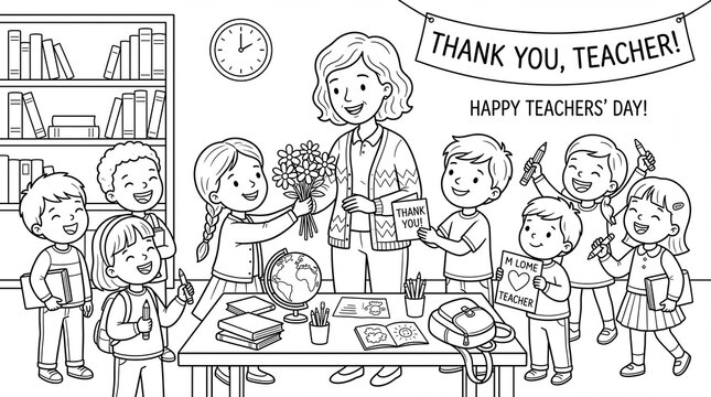 children thanking a teacher, coloring book for children, black and white drawings, a smiling teacher receiving flowers
