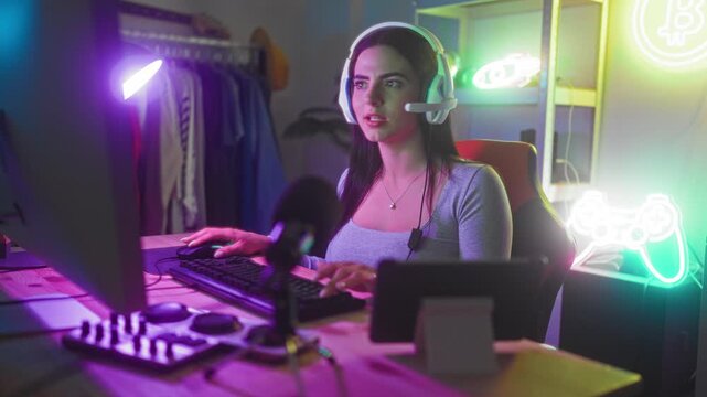 Woman wearing headset and microphone typing on keyboard with hand on mouse at a streaming desk in studio with monitor, neon sign, and lamp; focused concentration.