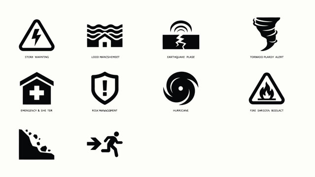 Modern minimalist icons set featuring natural disasters safety alerts with each rendered bold black outlines against neutral background clarity universal recognition