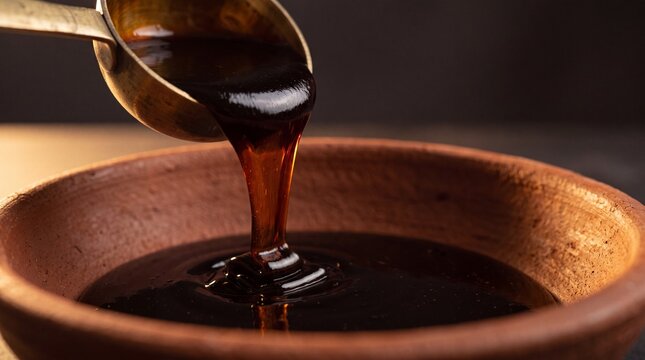 Dark date molasses pouring from brass ladle into terracotta bowl macro action shot