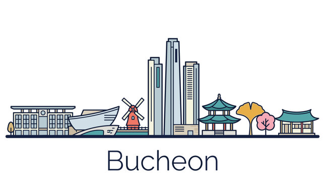 Bucheon South Korea skyline landmarks line art vector illustration