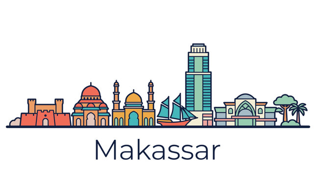 Makassar skyline landmarks minimalist flat line vector illustration