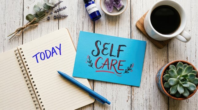 Flat lay workspace mockup for International Self Care Day with blue note paper coffee and notebook