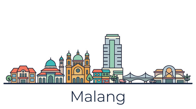 Malang city skyline landmarks minimalist flat vector illustration
