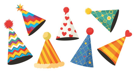 Obraz premium Festive selection of colorful party hats decorated with stripes, dots, and hearts for birthdays and special celebrations.