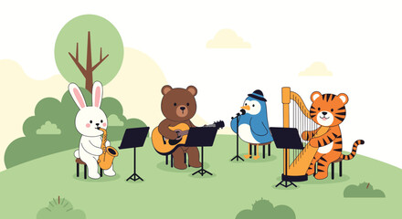 Fototapeta premium Cute cartoon animal band with a rabbit, bear, bird, and tiger playing musical instruments together in a green park.