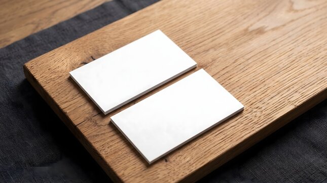 Blank white business card mockups on wooden board for branding presentation